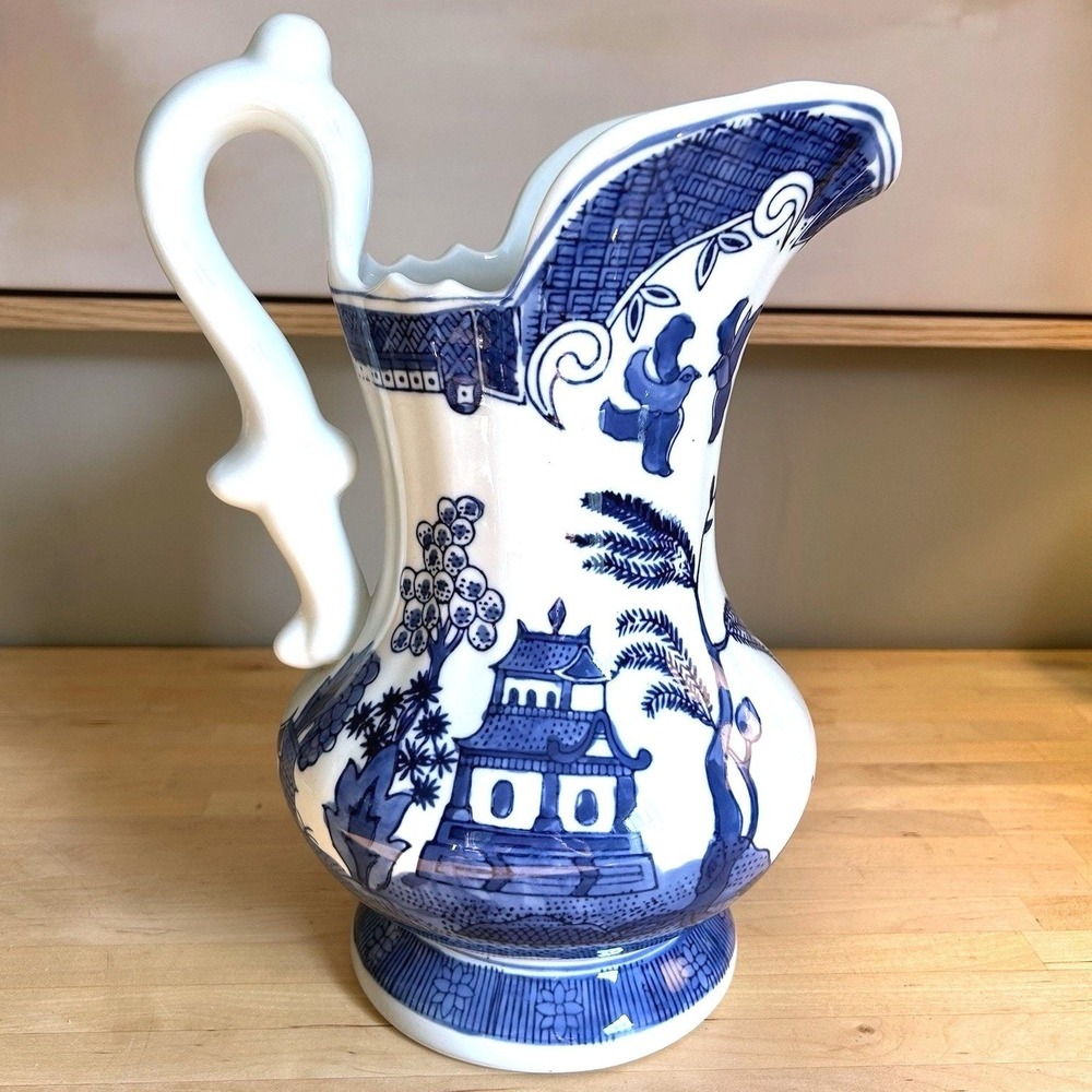 Antique E & C Challinor Ironstone Fenton Pitcher Vase Blue White Birds Trees 12"